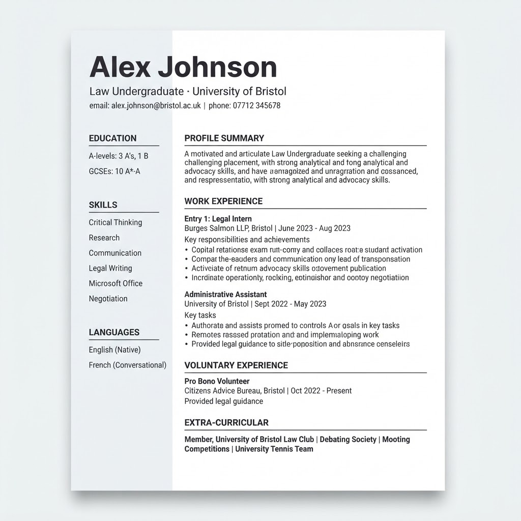 Example modern student CV layout showing name, education, experience and skills sections